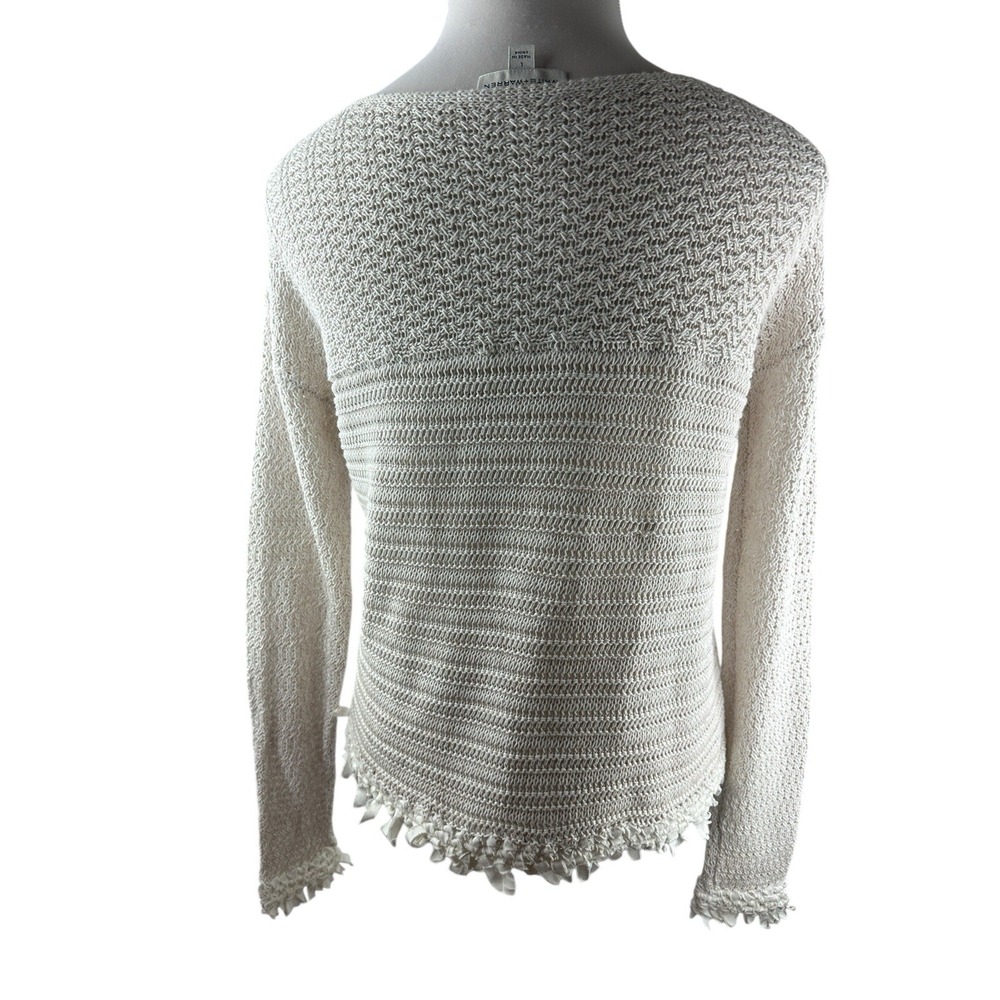 ✨2/$20 White + Warren Open Knit Fringe Trim Sweater Oatmeal Large Boho Coastal - Picture 13 of 16
